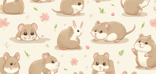  Cartoon Bunnies Lying in a Peaceful Meadow in a Repeated Decorative Pattern