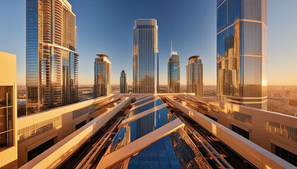 Obraz premium Modern High-Rise Cityscape with Reflections at Sunset