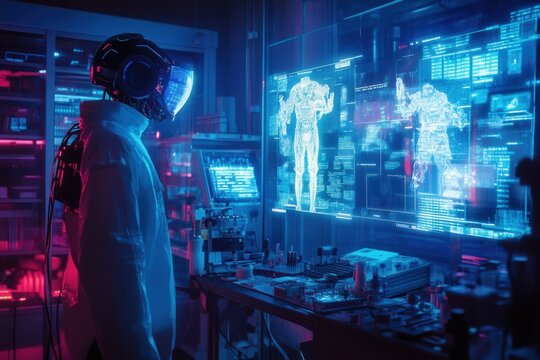 high-tech laboratory. robot and human