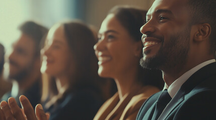 Fototapeta premium A diverse group of professionals seated and applauding in a conference setting, smiles on their faces. Warm lighting highlights their expressions.