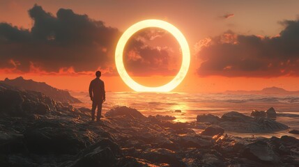 A young man stands on a rocky beach at sunset, facing a large circular object in the sky that appears as a portal to the unknown.