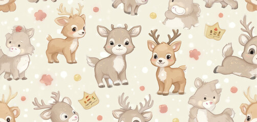 Fototapeta premium Cartoon Baby Deer with Floral Details in a Repeated Whimsical Pattern