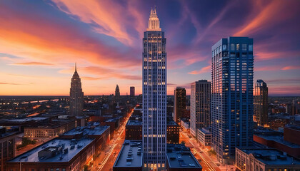 Fototapeta premium Cityscape at Dusk: Towering Skyline