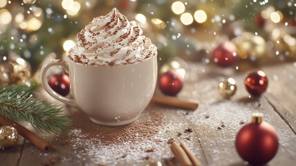 冬のカフェテーブル、ホットチョコレートとクリスマスオーナメントのマクロショット