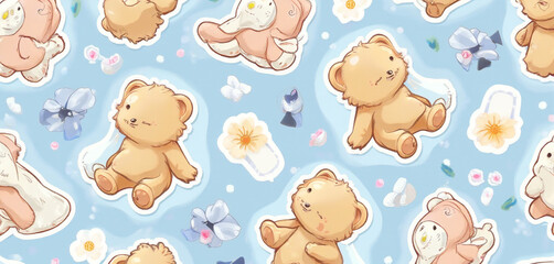  Cartoon Baby Animals with Balloons and Toys in a Pastel Repeated Pattern