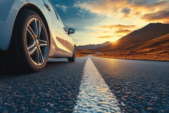Beautiful landscape, road and car. Close up