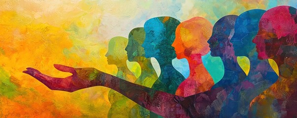 Abstract symbolic art showing a side view of a womana??s hand uplifting a group of diverse, abstract female figures in bright, feminine colors.