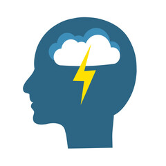 Head with a cloud and a lightning bolt on a white background. The concept of bad mood, anger and depression