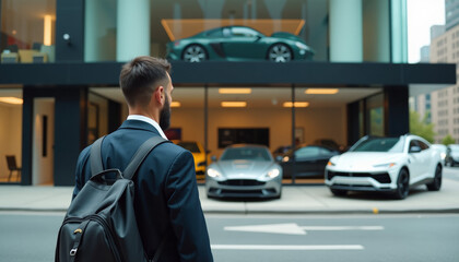 Businessman at Luxury Car Showroom
