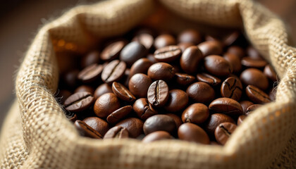 Roasted Coffee Beans in Burlap Bag