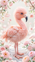 Obraz premium Elegant Pink Flamingo Standing Among Flowers in a Dreamy Setting