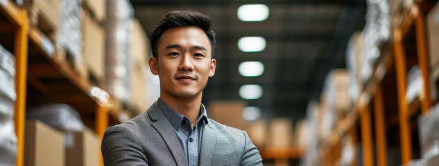 Fototapeta premium Confident Young Businessman in Warehouse Setting with Arms Crossed
