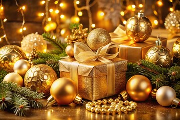 Stylish Christmas decoration concept with luxurious gold ornaments, gifts and festive accessories