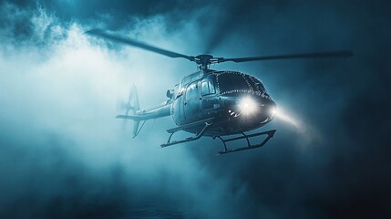 A black helicopter flying through the night sky with dramatic clouds, powerful searchlight, and a mysterious and moody atmosphere.