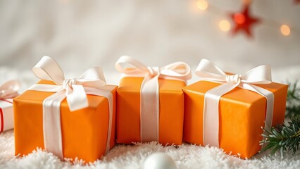 wrapped orange christmas gift parcels with white ribbons with a blurred white background with lights