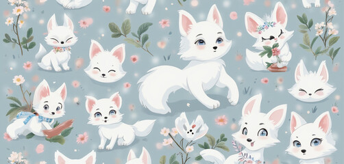  Cartoon White Foxes with Floral Motifs on a Blue Pastel Background