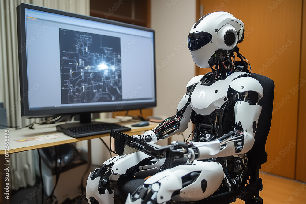 Poster a humanoid robot interacts with a computer showing intricate wiring diagrams in a contemporary offic