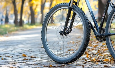 Fototapeta premium A close-up of a mountain bike wheel on a path covered with autumn leaves.