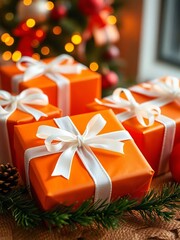 wrapped orange christmas gift parcels with white ribbons with a blurred background of a christmas tree and lights