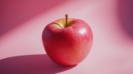 Single fresh apple in sunlight against pink background
