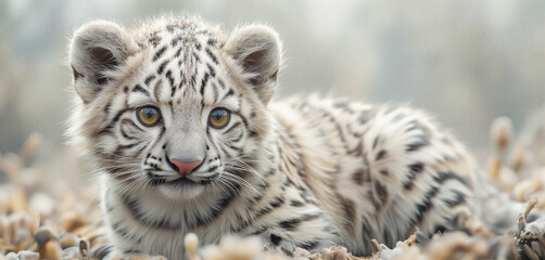 Fototapeta premium Playful Baby Snow Leopard Cub Lying in Forest with Autumn Colors
