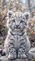 Obraz premium Baby Snow Leopard Sitting on Ground in Autumn Forest