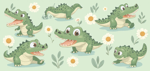  Playful Cartoon Alligator Pattern with Leaves and Daisies on Green Background