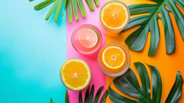 Colorful citrus drinks on vibrant tropical background