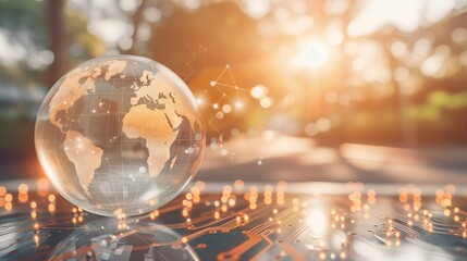 A captivating image of a globe symbolizing global technology, placed on an illuminated circuit board. The warm sunlight and abstract digital connections represent innovation and global networking.
