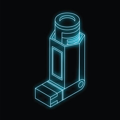 Neon blue inhaler glowing on a black background representing asthma and respiratory problems