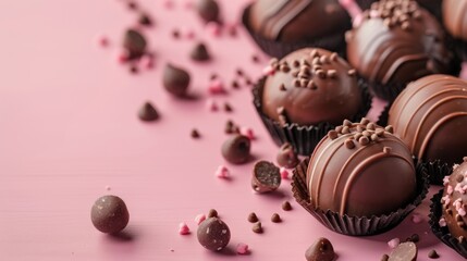 Decadent chocolate truffles on pink background for world chocolate day celebration. Close-up. Pink background. Horizontal banner. Copy space. Confectionery factory, sweet life