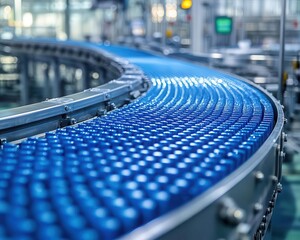 Fototapeta premium A closeup of a conveyor belt with packages moving along it, Conveyor System, Detailed and fastpaced