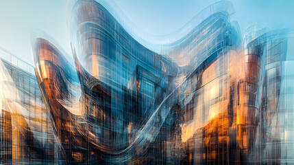 Multiple exposure of modern abstract glass architectural forms. generative ai. Abstract. Illustration