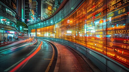 Vibrant night cityscape showcasing illuminated stock exchange numbers scrolling across skyscrapers, capturing the energetic and fast-paced nature of a modern financial district in an urban environment