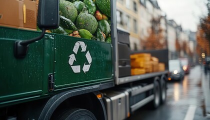 A closeup of a sustainable transport sticker on a delivery truck, Branding, Ecofriendly and visible