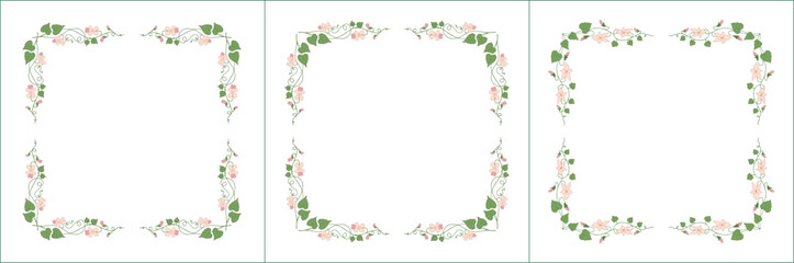 Set of three vegetal vector frames with beige flowers and leaves. Green frame with purple flowers. Vector frame for all sizes and formats. Isolated vector illustration.	
