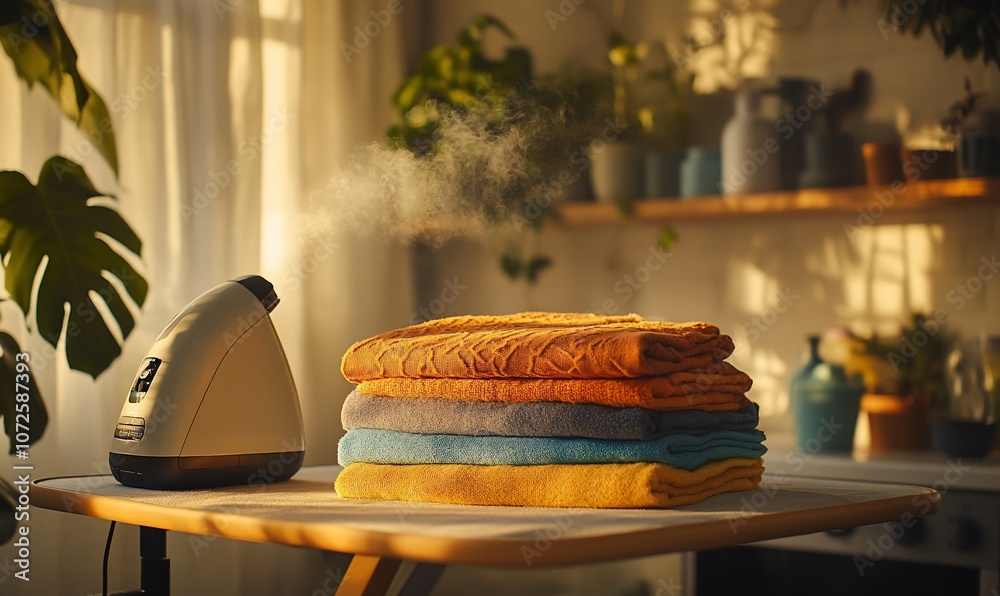 Poster A close-up of a steam iron steaming a stack of folded towels on a table in a home with plants and a window in the background.