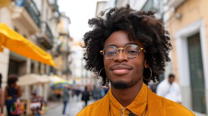 A cheerful tourist with glasses and a yellow shirt enjoys a vibrant city square. The bokeh lights...