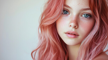 Fototapeta premium Premium hair dye packaging image showing an older girl with straight, well-groomed rose gold hair. The girl looks forward