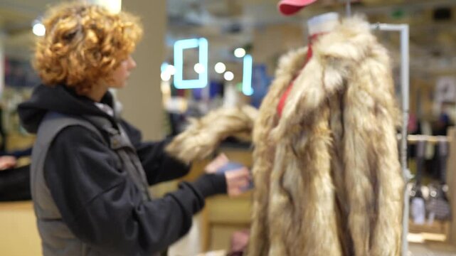 portrait of red-haired attractive young woman trying on fashionable fur coat in store