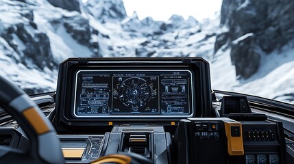 A futuristic cockpit view with a digital interface set against a snowy mountain backdrop.