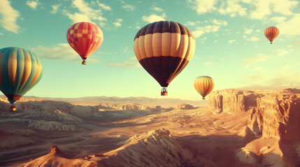 Obraz premium A group of hot air balloons fly over a vast desert landscape under a bright blue sky.