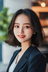young Asian business woman in front of blurred office scenery