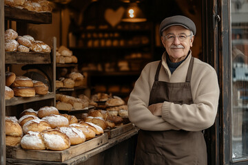Portrait of french senior standing in front of bakery shop. Local business