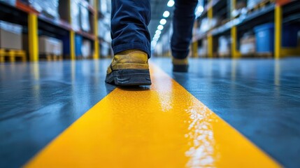 Obraz premium A closeup of workers checking warehouse floor markings for safe navigation, Safety, Informative and practical