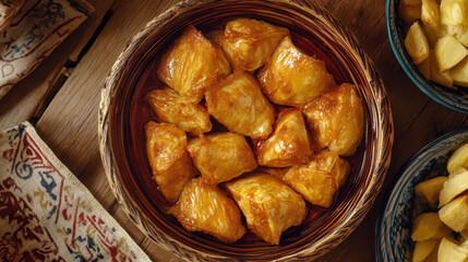 Traditional Tunisian pastries for independence day celebration. Close-up. Independence day of Tunisia. Horizontal banner. Holiday food on a table