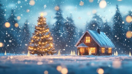 Christmas and New Year Background with Fir Tree - A Christmas and New Year background featuring a fir tree, lights, and a snowy house.