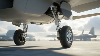 Close-up view of aircraft landing gear on a runway with other planes in the background.