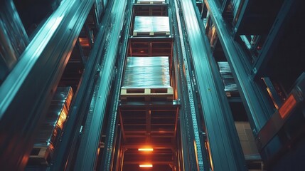 Obraz premium A photograph of automated storage lifts handling items in a warehouse, Automation, Hightech and precise