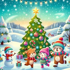 Festive winter scene for children&rsquo;s books